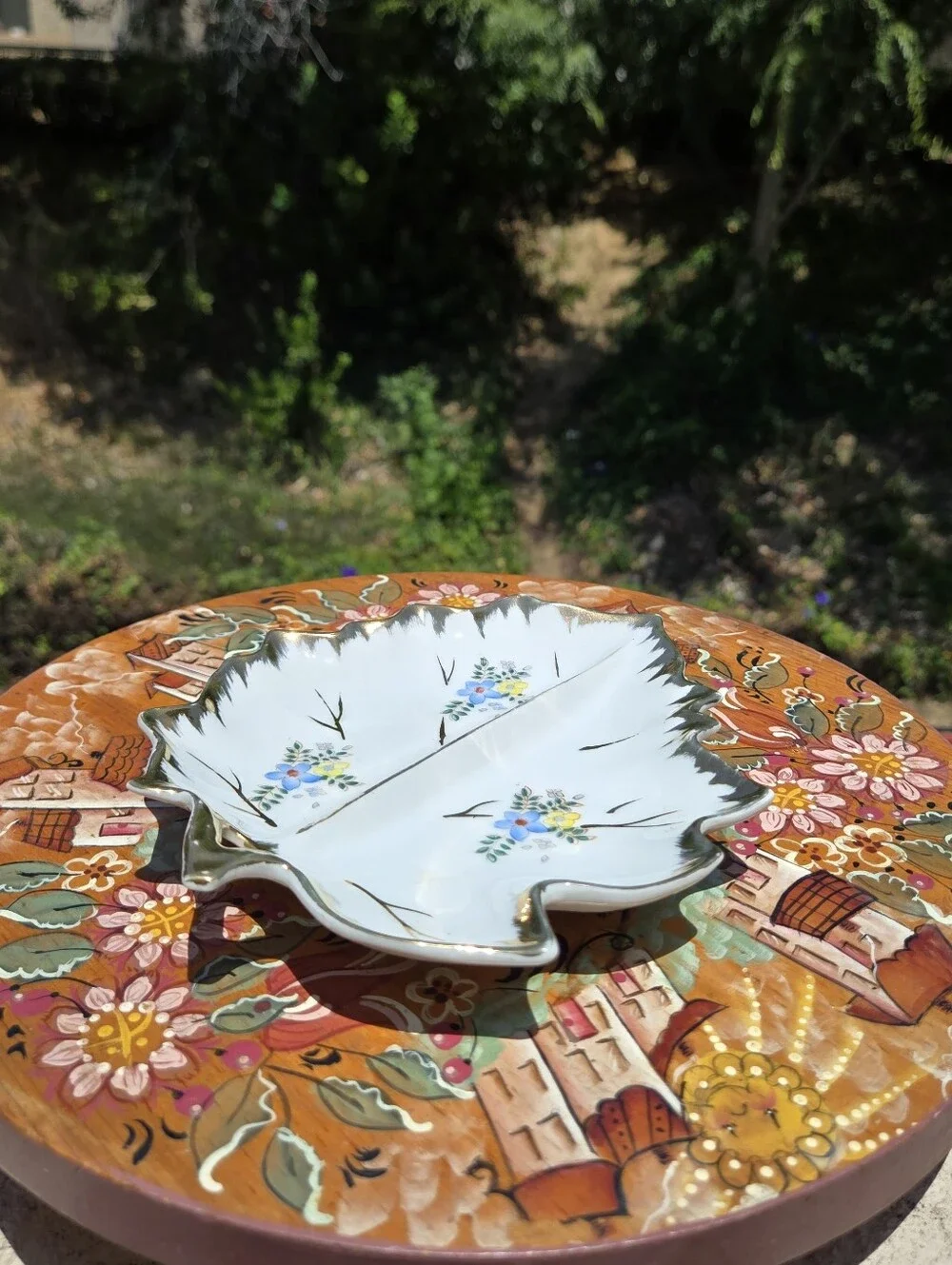 Vintage Porcelain Leaf Trinket Dish Floral Divided Candy Nut Tray Gold Trim Gilt